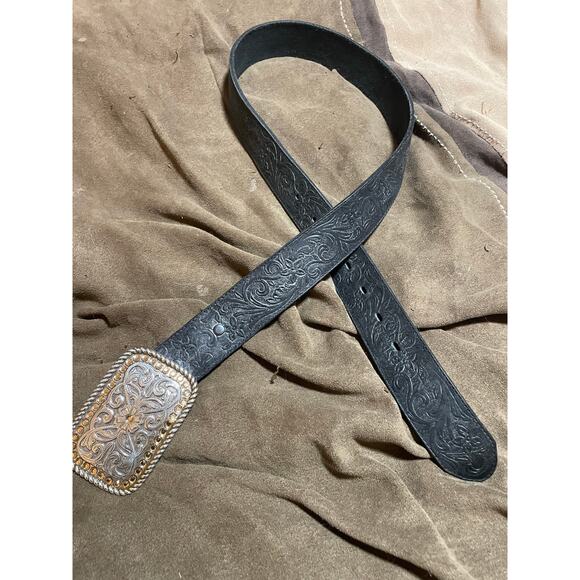 Tony Lama black leather western floral print big buckle belt size 34 main image 3